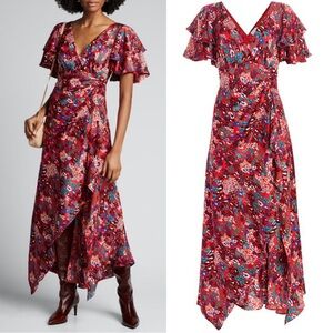 Tanya Taylor Clementine Leopard Flutter Sleeve Silk Dress Size 6 Cherry Red
